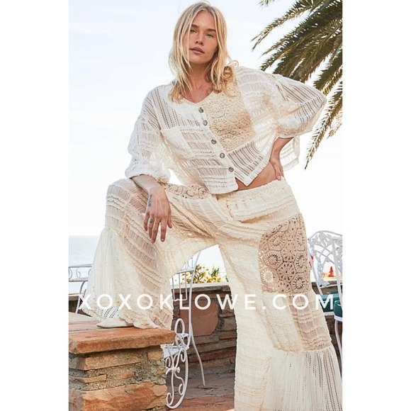 POL Cream Crochet Patch Pleated Ruffled Flowy Wide Leg Pants - Picture 11 of 16